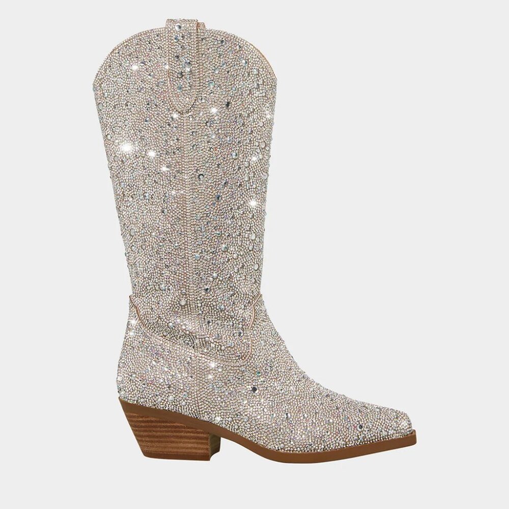 🤠✨BETSEY JOHNSON Dalas silver rhinestone cowboy boots, size W11, NEW in BOX ✨🤠